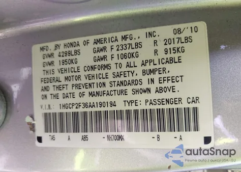 2010 Honda Accord 2.4 Lx from USA, damaged, VIN 1HGCP2F36AA190194